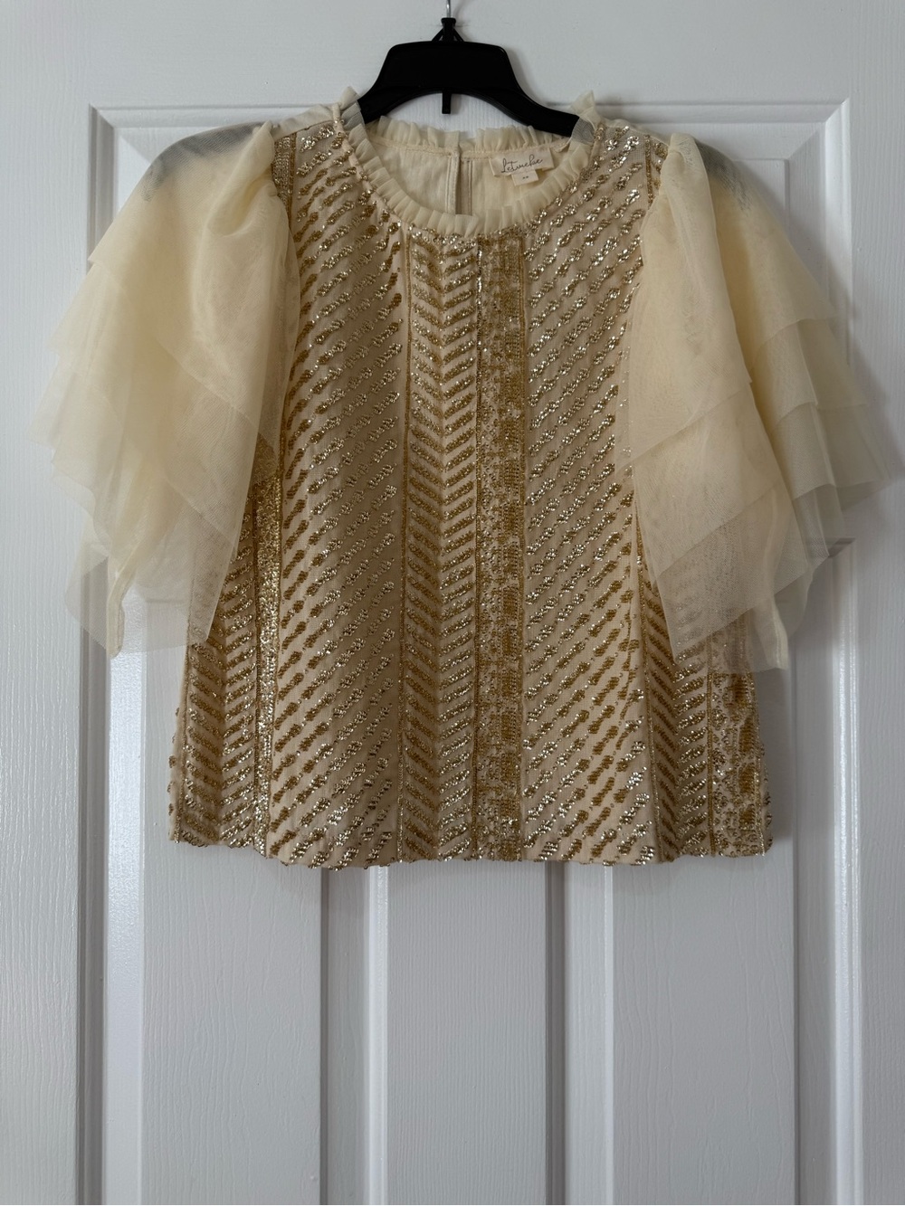 Champagne Gold Beaded Tulle Sleeve Top